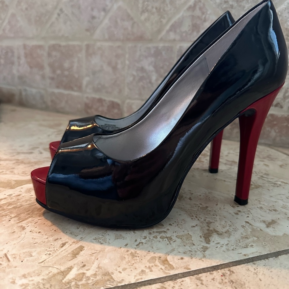 Guess Black and Red Peep Toe Heels